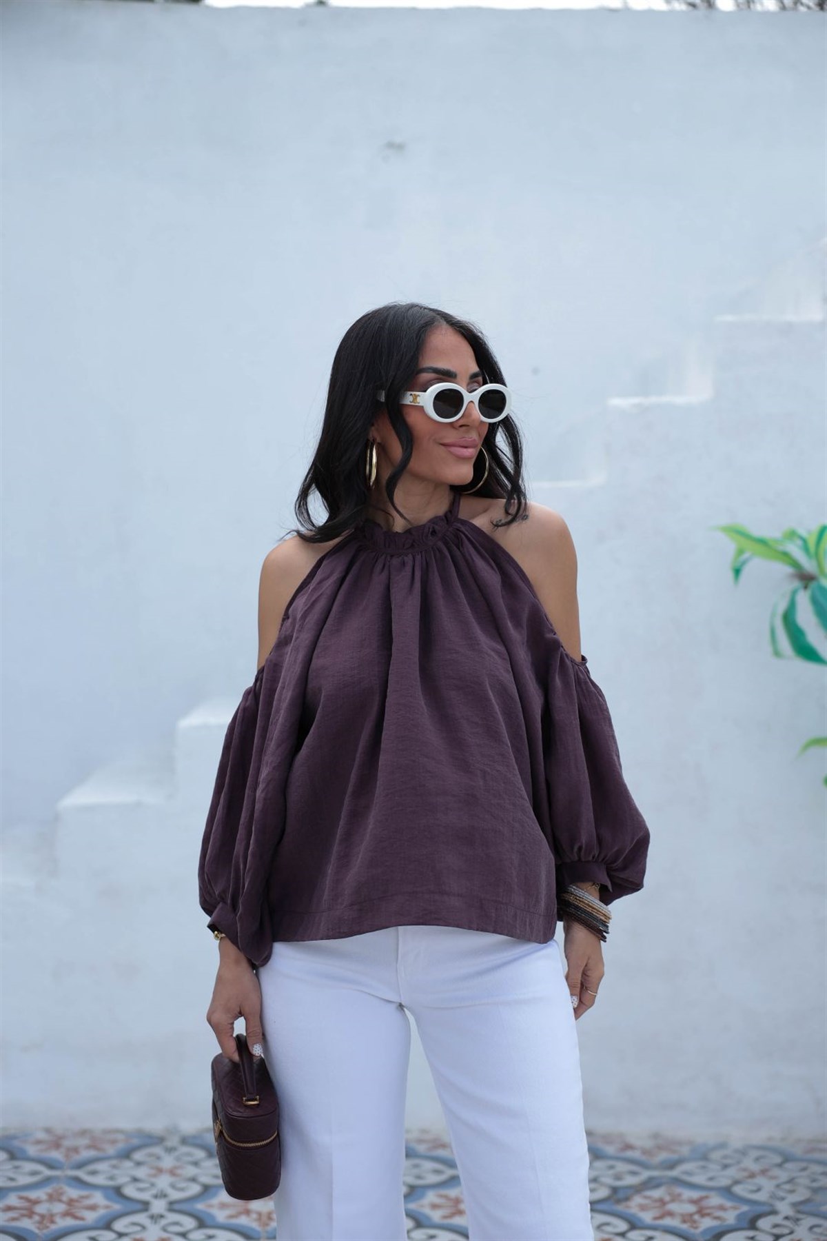 3264 Büzgülü Kol Dekolteli Bluz MÜRDÜM