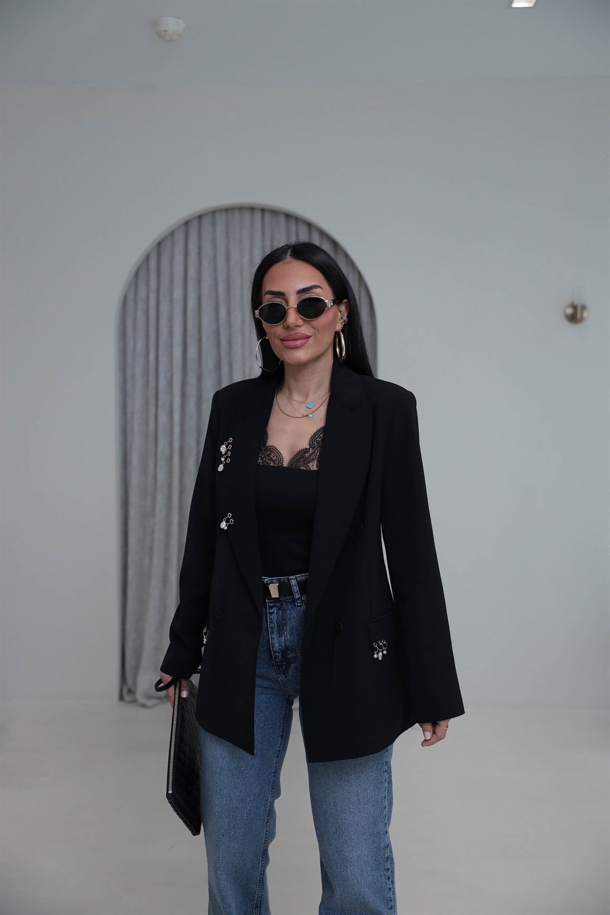 0756 Kuş Gözü Aksesuarlı Düğmeli Blazer Ceket SİYAH