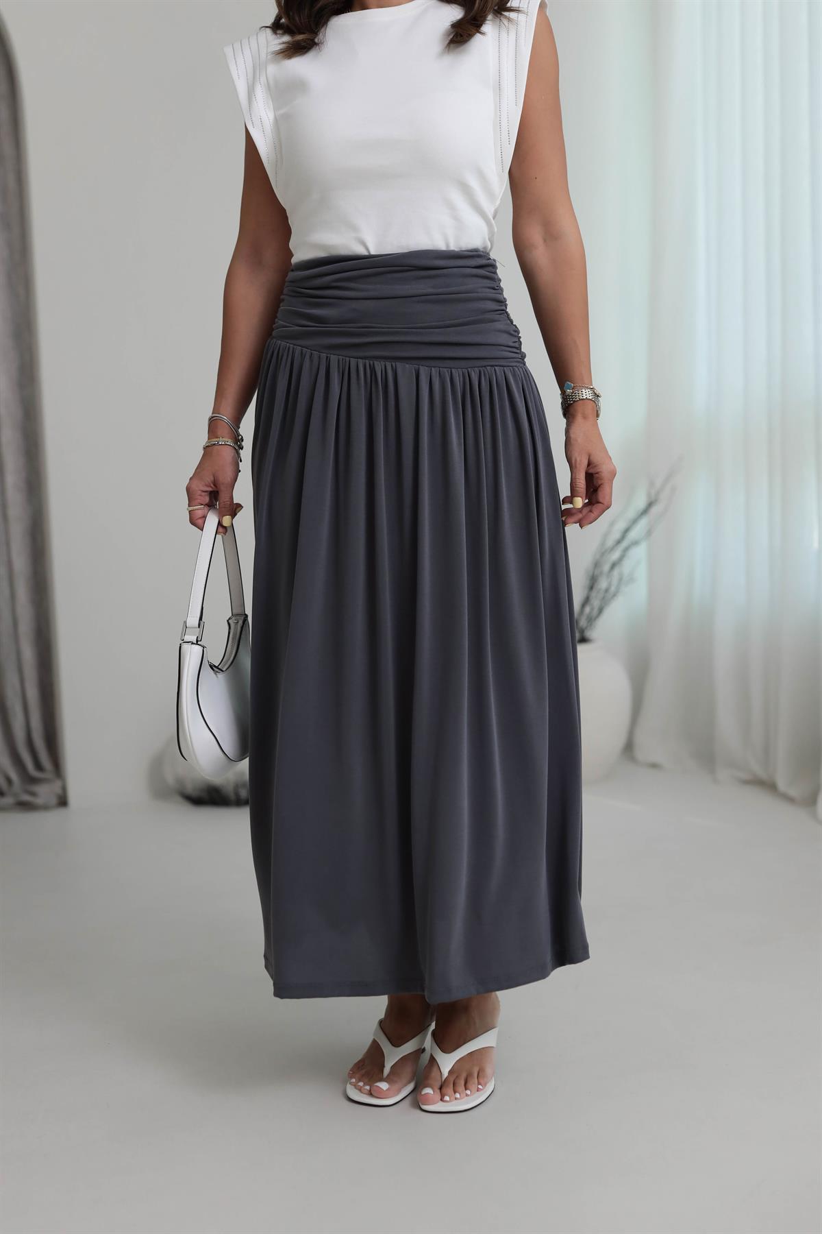 7234 Örme Korsajlı Modal Etek FÜME