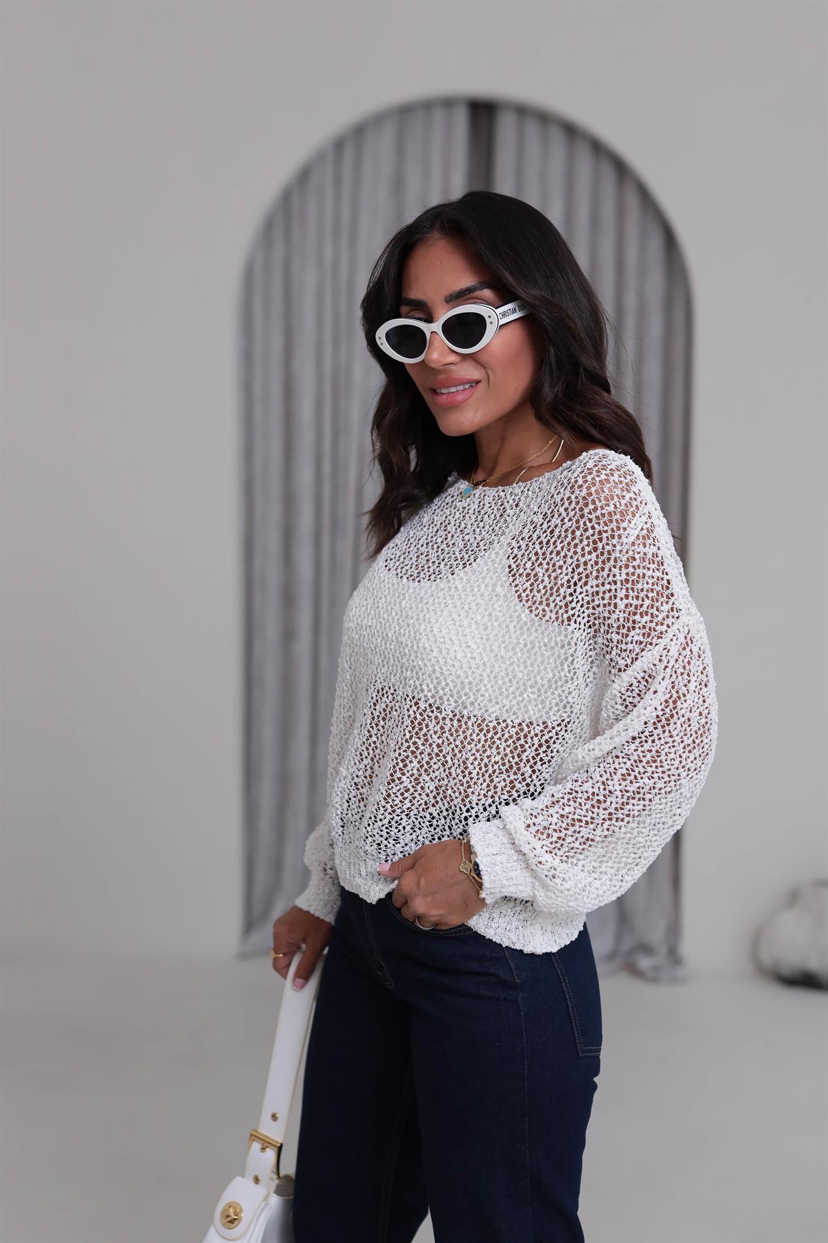 4412 Havuz Yaka Ajurlu Triko EKRU