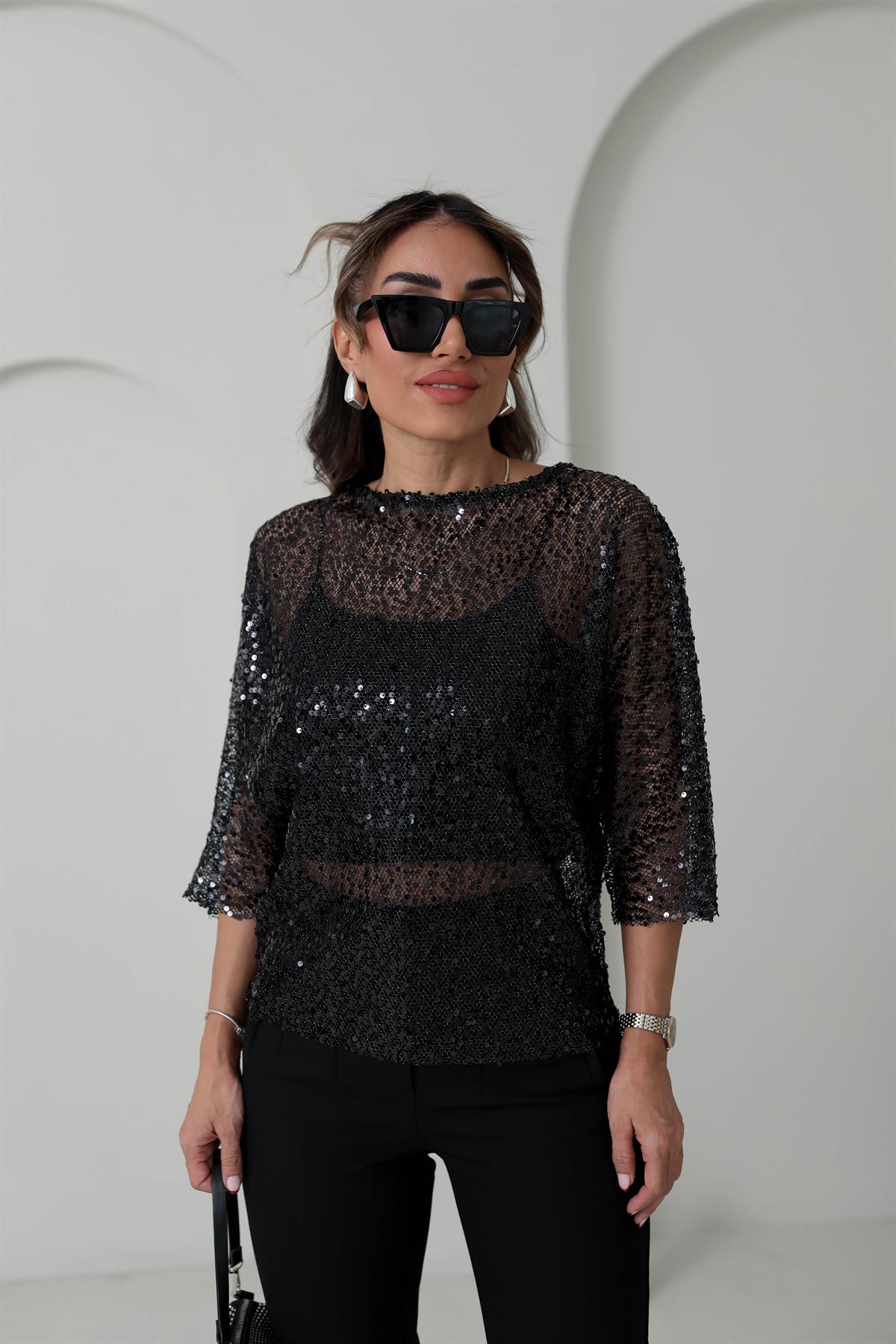 9380 Yarasa Kol Pul Payetli Bluz SİYAH