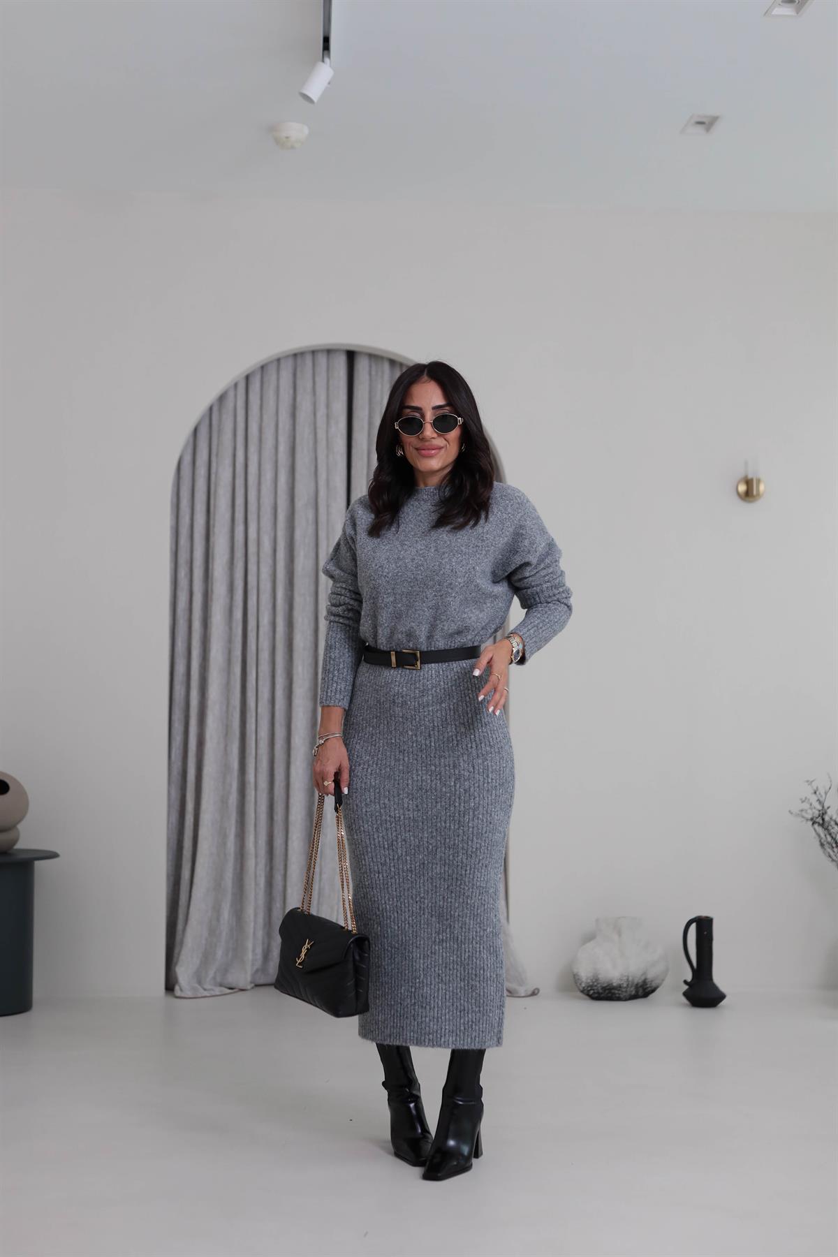 0260 Bisiklet Yaka Yumuşak Dokulu Triko  Elbise GRİ MELANJ