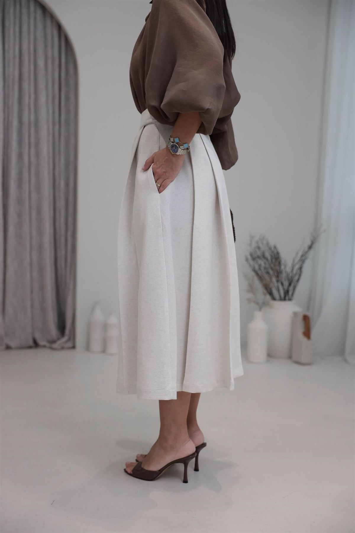 5069 Yüksek Bel Cepli Keten Kumaş Etek NATURAL