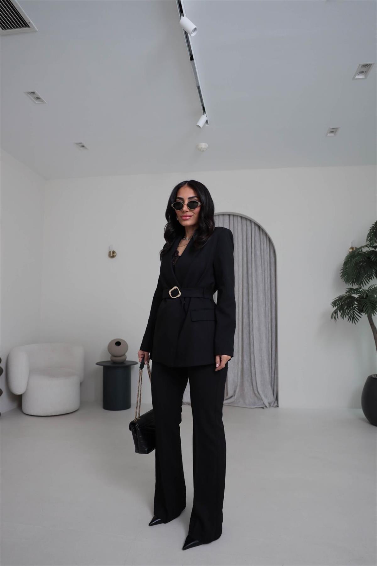 0310 Kemerli Ceketli Pantolon Takım SİYAH