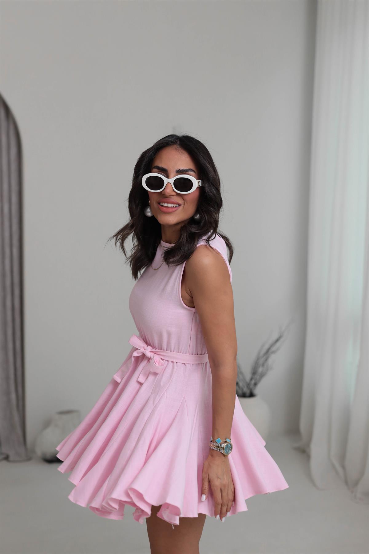 5163 Etek Ucu Volanlı Bel Lastikli Keten Elbise PEMBE