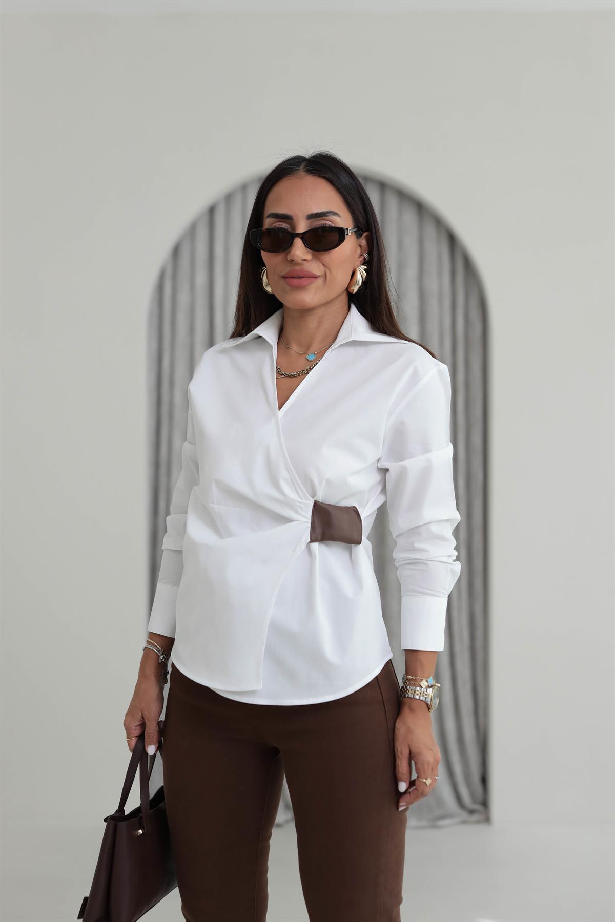 7584 Deri Detaylı Poplin Gömlek BEYAZ