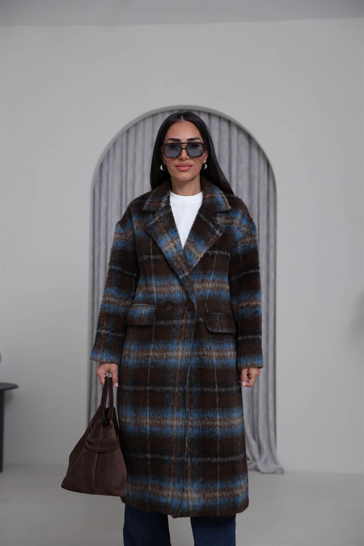 9751 Kare Desenli Yün Palto KAHVE