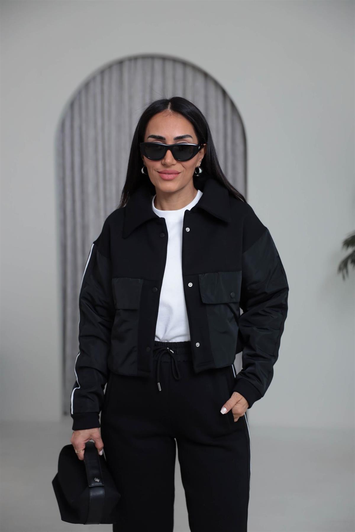 4076 Paraşüt Garnili 3 İplik Polo Yaka Çıtçıtlı Takım SİYAH