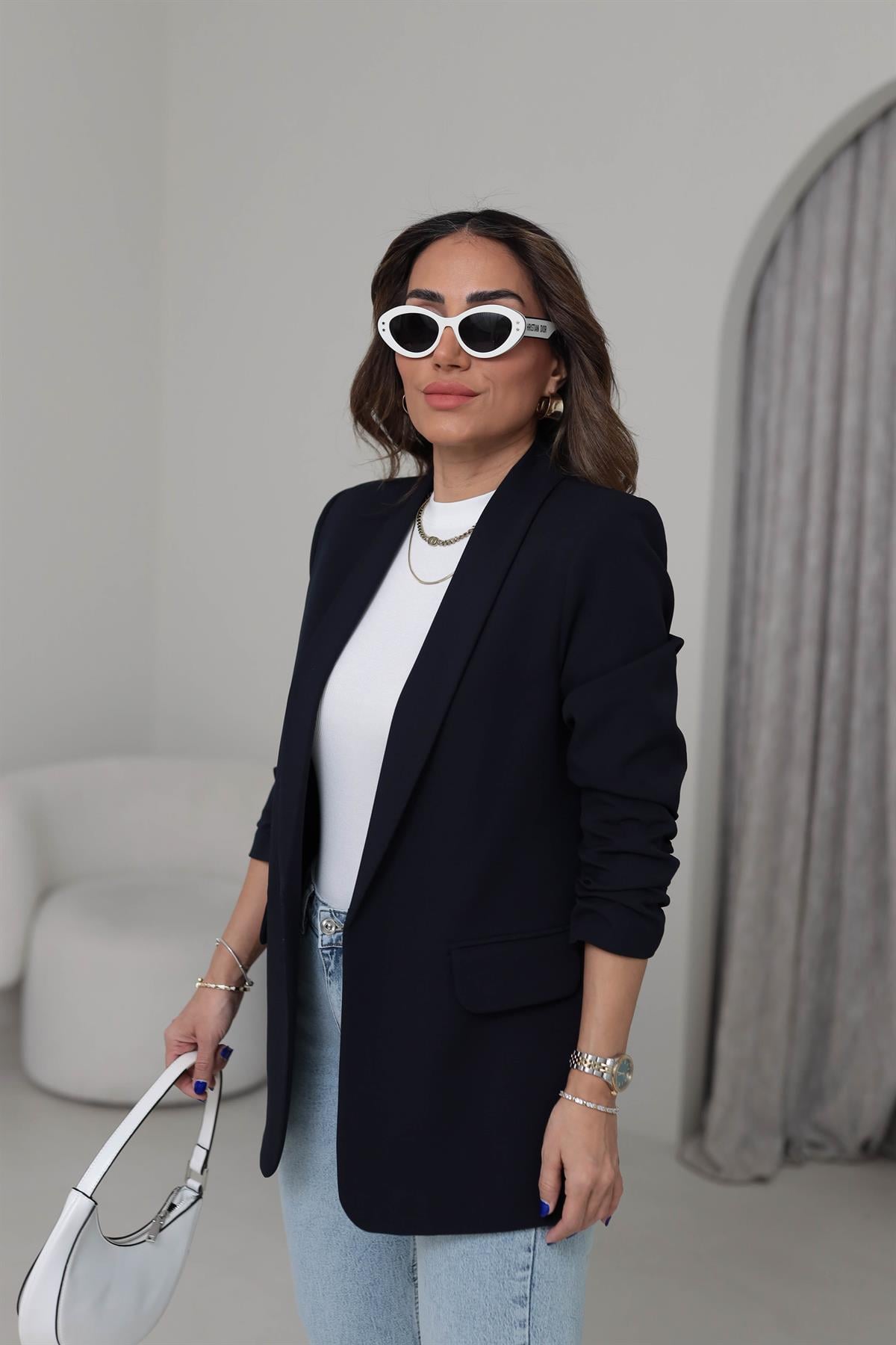 3101K Kol Büzgülü Blazer Ceket LACİVERT