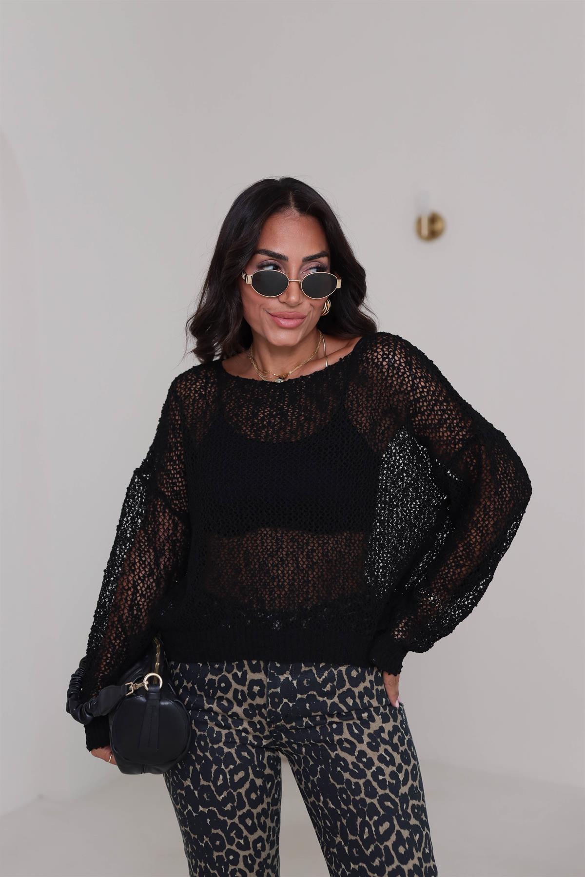 4412 Havuz Yaka Ajurlu Triko SİYAH