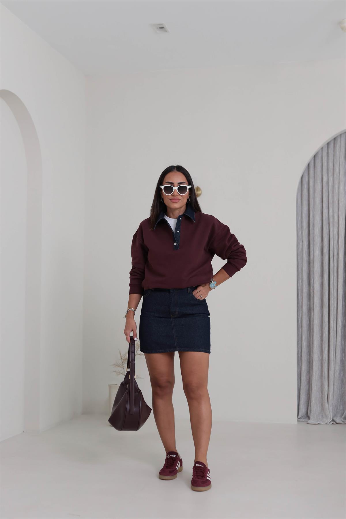 0178 Denim Yaka Tasarım Sweatshirt BORDO