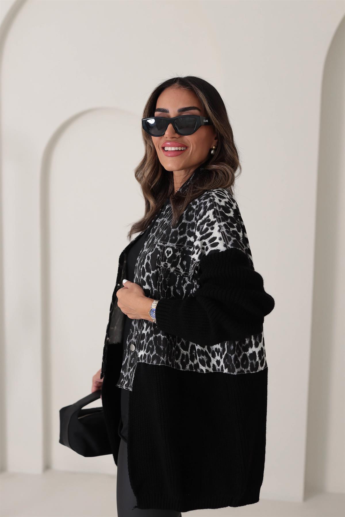 4139 Tasarım Triko ve Kot Garnili Ceket Hırka LEOPAR SİYAH