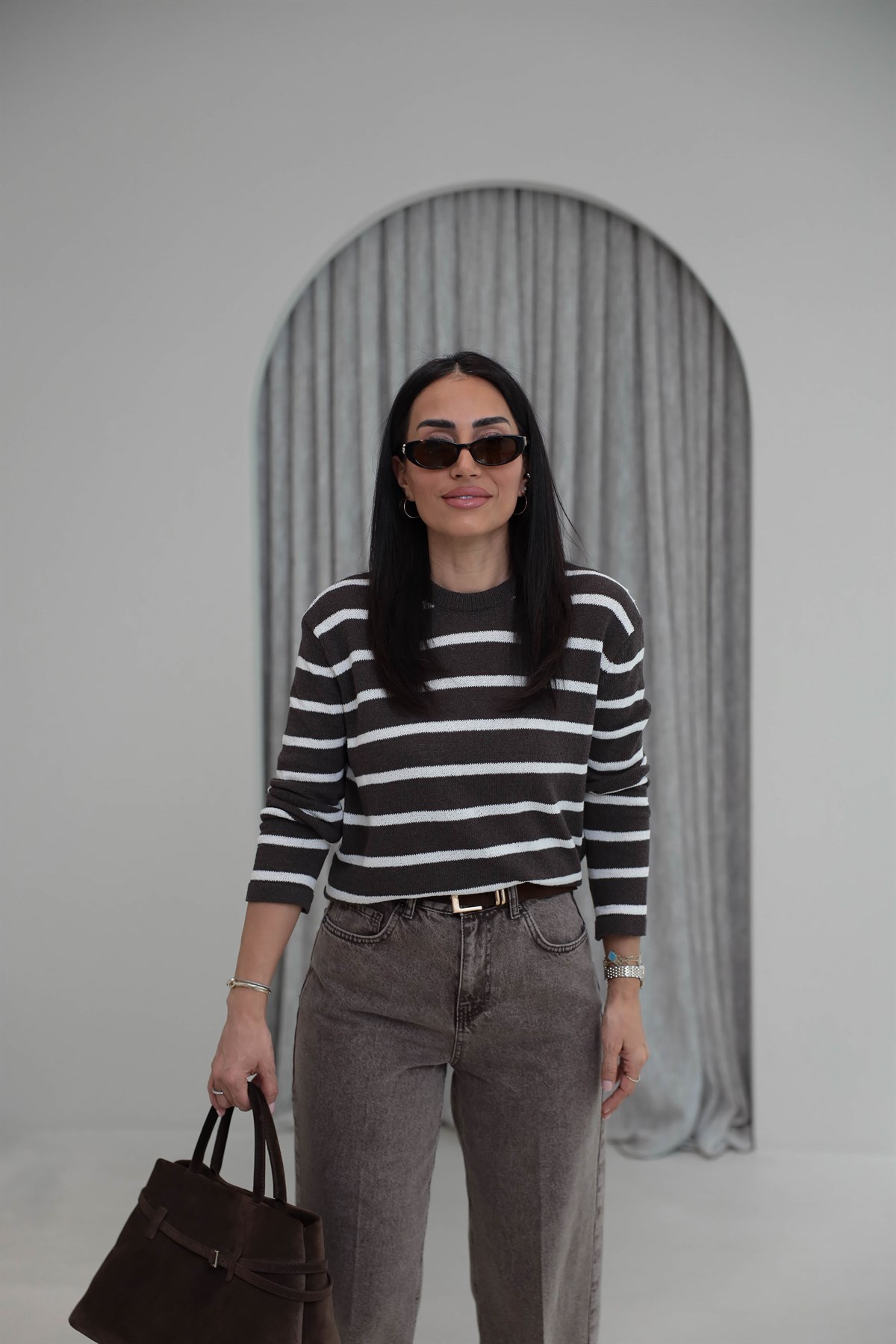 1032 Çizgili Triko Bluz KAHVE