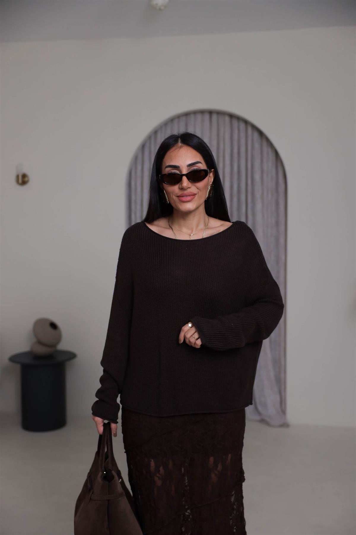 0804 Kayık Yaka Basic Triko Kazak KAHVE