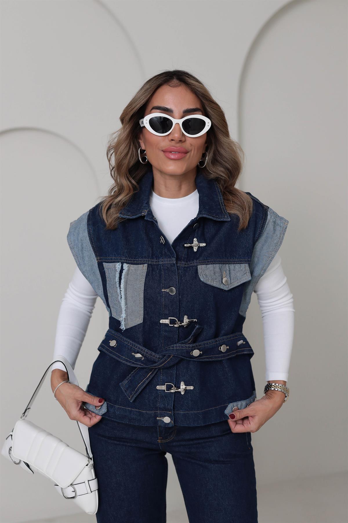 5436 Tasarım Kot Yelek MAVİ