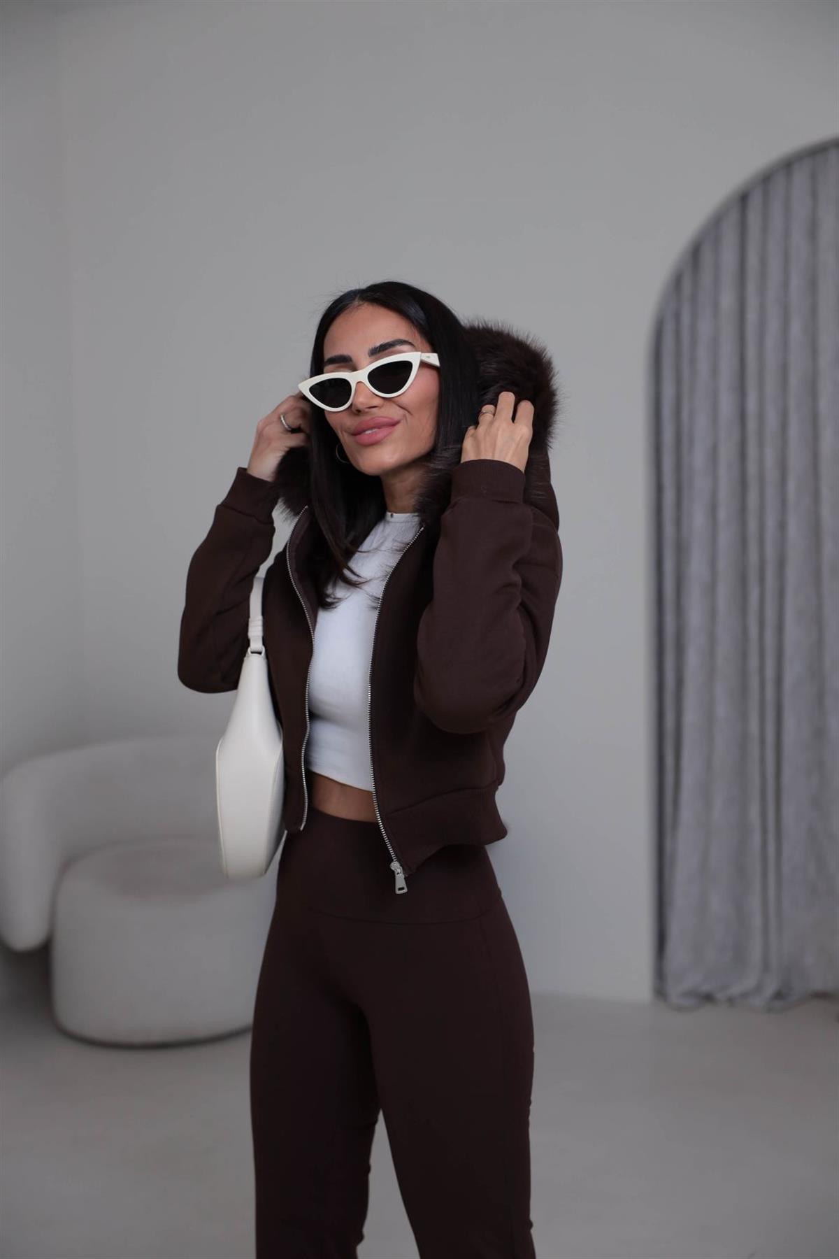 4067 Kapşonu Kürklü Şardonlu Kısa Sweatshirt ACI KAHVE