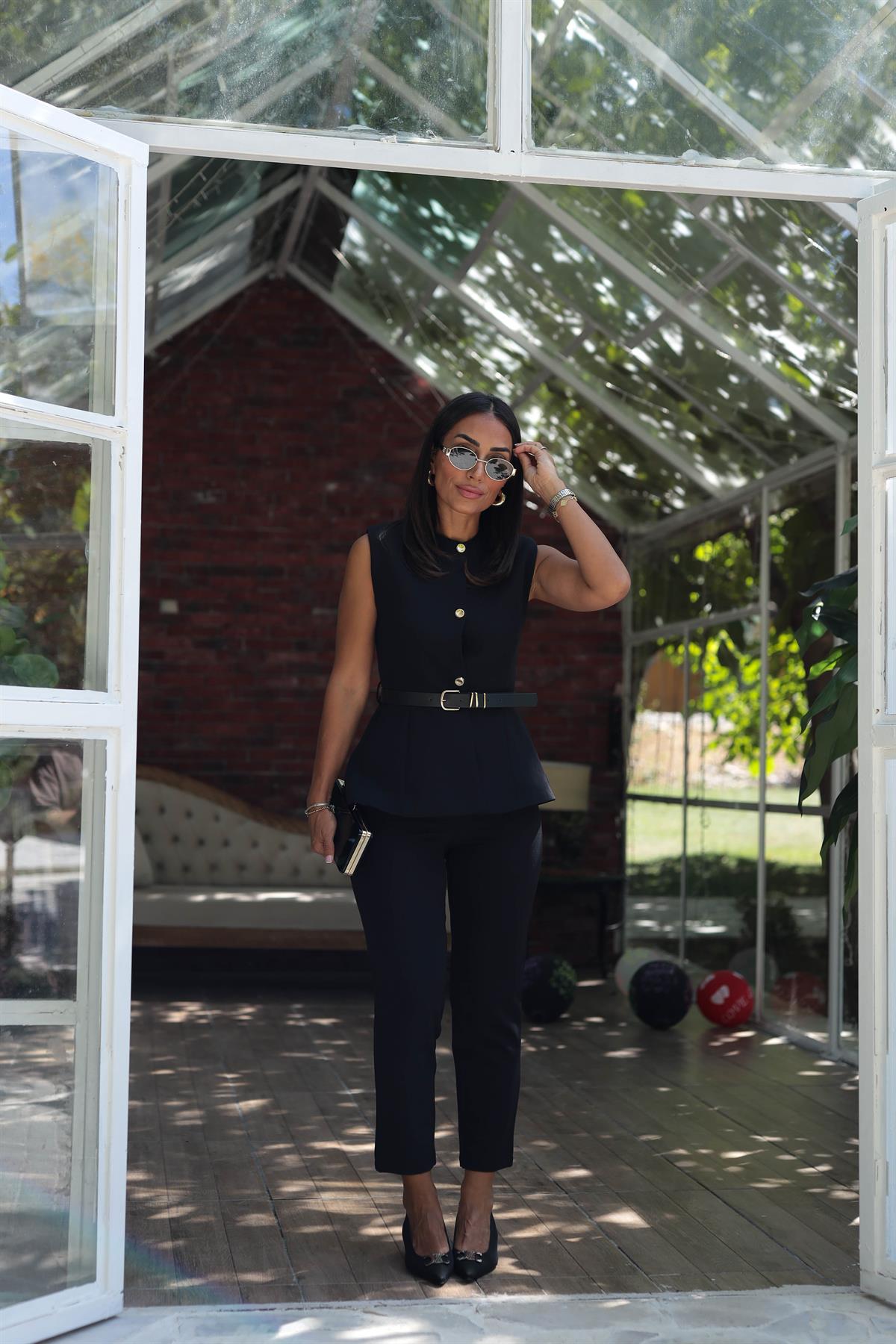 7195 Kemerli Yelekli Double Takım SİYAH