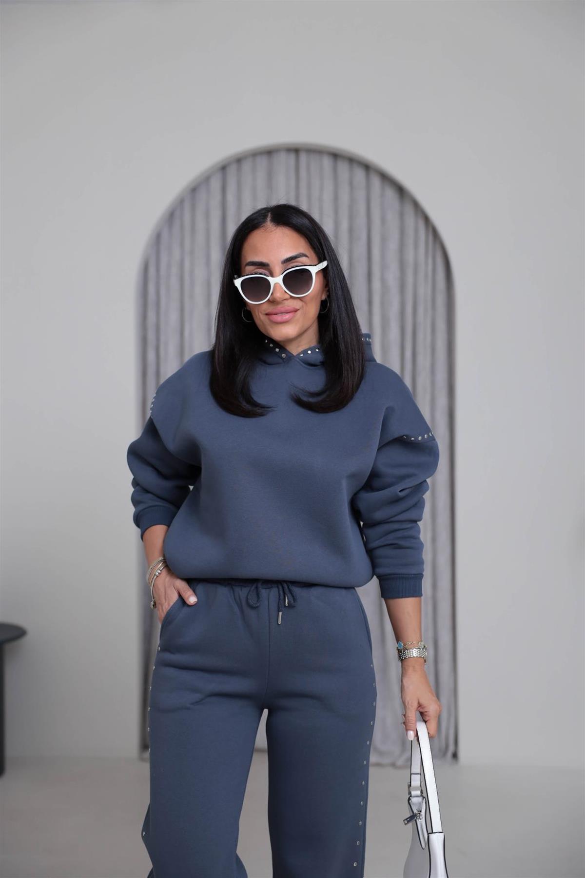 4229 Kapüşonlu Zımba Detaylı Şardonlu Takım ANTRASİT