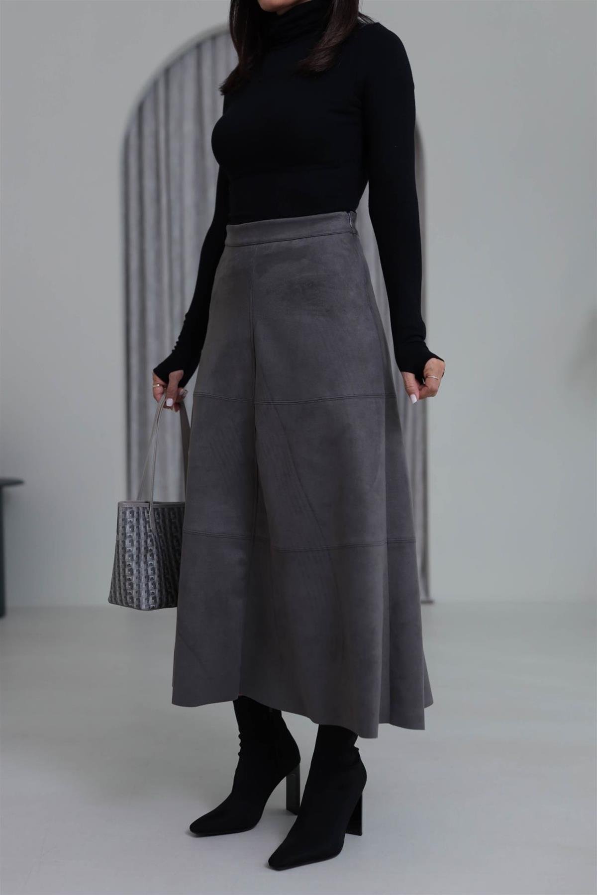 7547 Midi Boy Yüksek Bel Süet Etek GRİ
