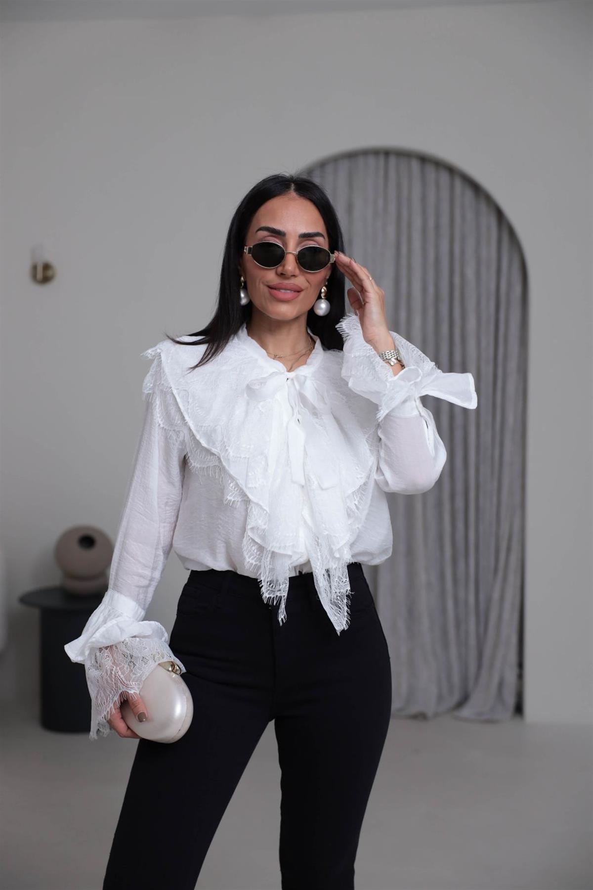 4512 Güpür Detaylı Önden Bağlamalı Gömlek BEYAZ