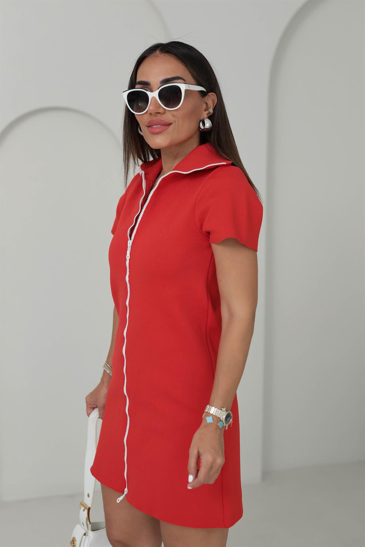 6378 Balıkçı Yaka Fermuar Detaylı Çelik Örme Elbise NAR ÇİÇEĞİ