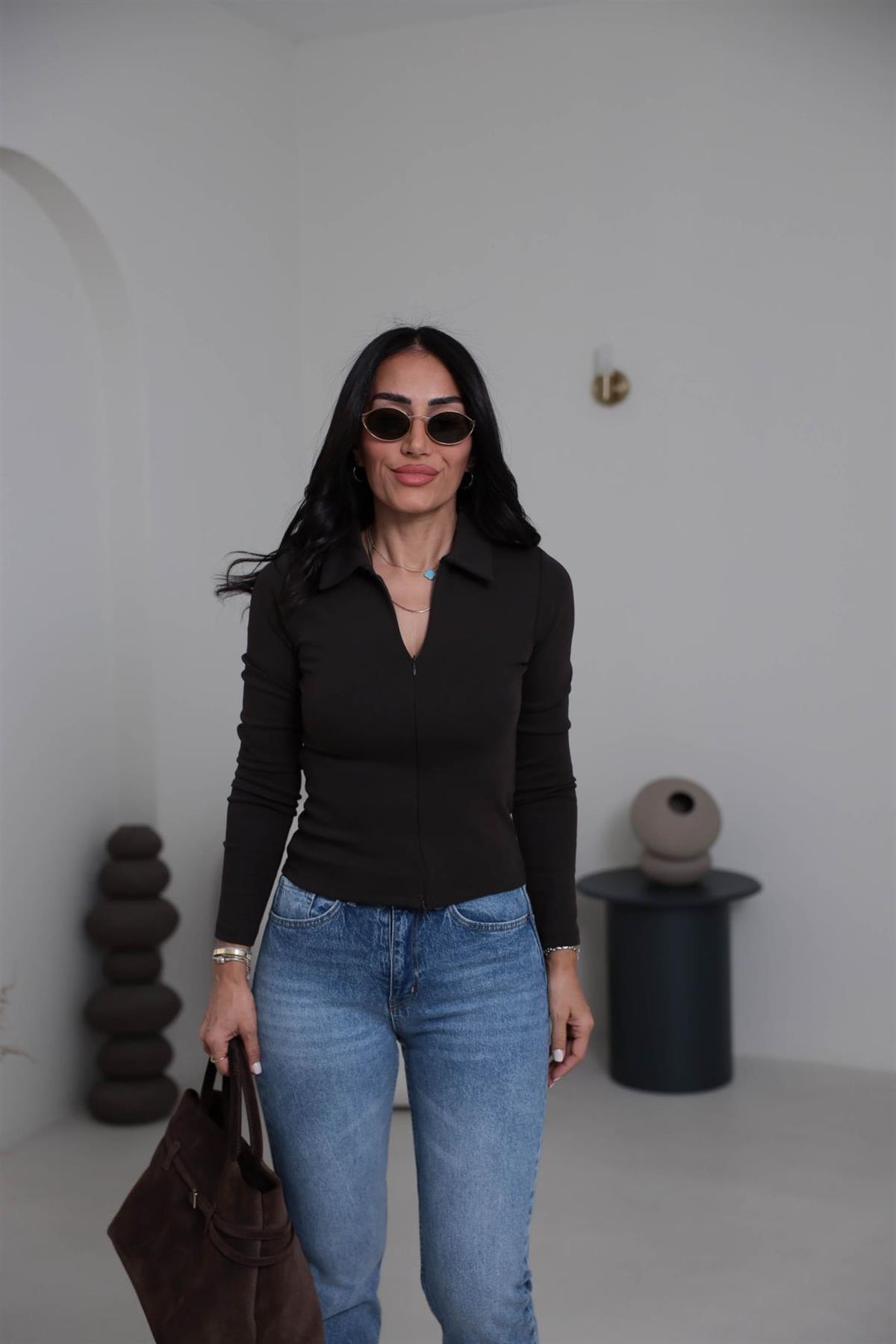 7246 Fermuar Detaylı Polo Yaka Bluz ACI KAHVE