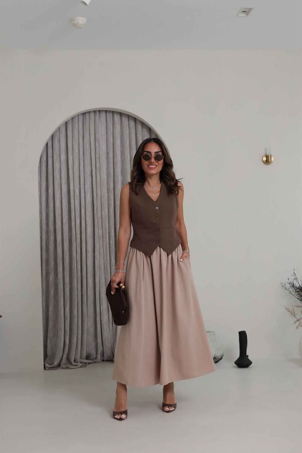 1144 Arka Toka Detay Terni Yelek KAHVE