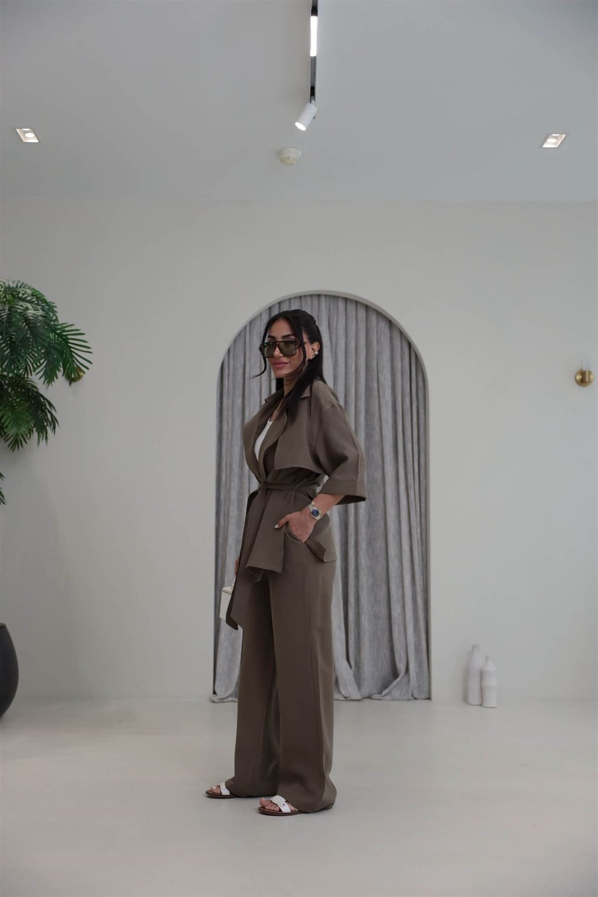7309 Tencel Kumaş Yarım Kol Gömlek Pantolon Takım HAKİ YEŞİL