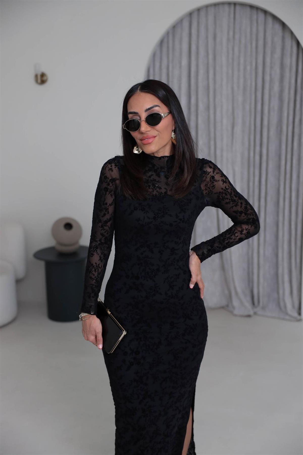 1164 Flok Baskılı Yırtmaçlı Maxi Boy Tül Elbise SİYAH