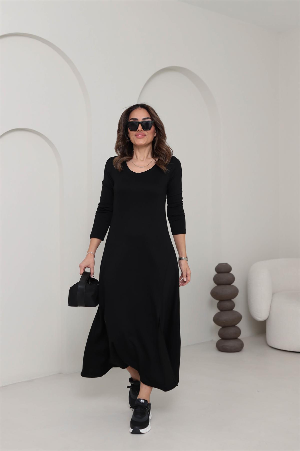 1327 U Yaka Uzun Kol Modal Penye Elbise SİYAH
