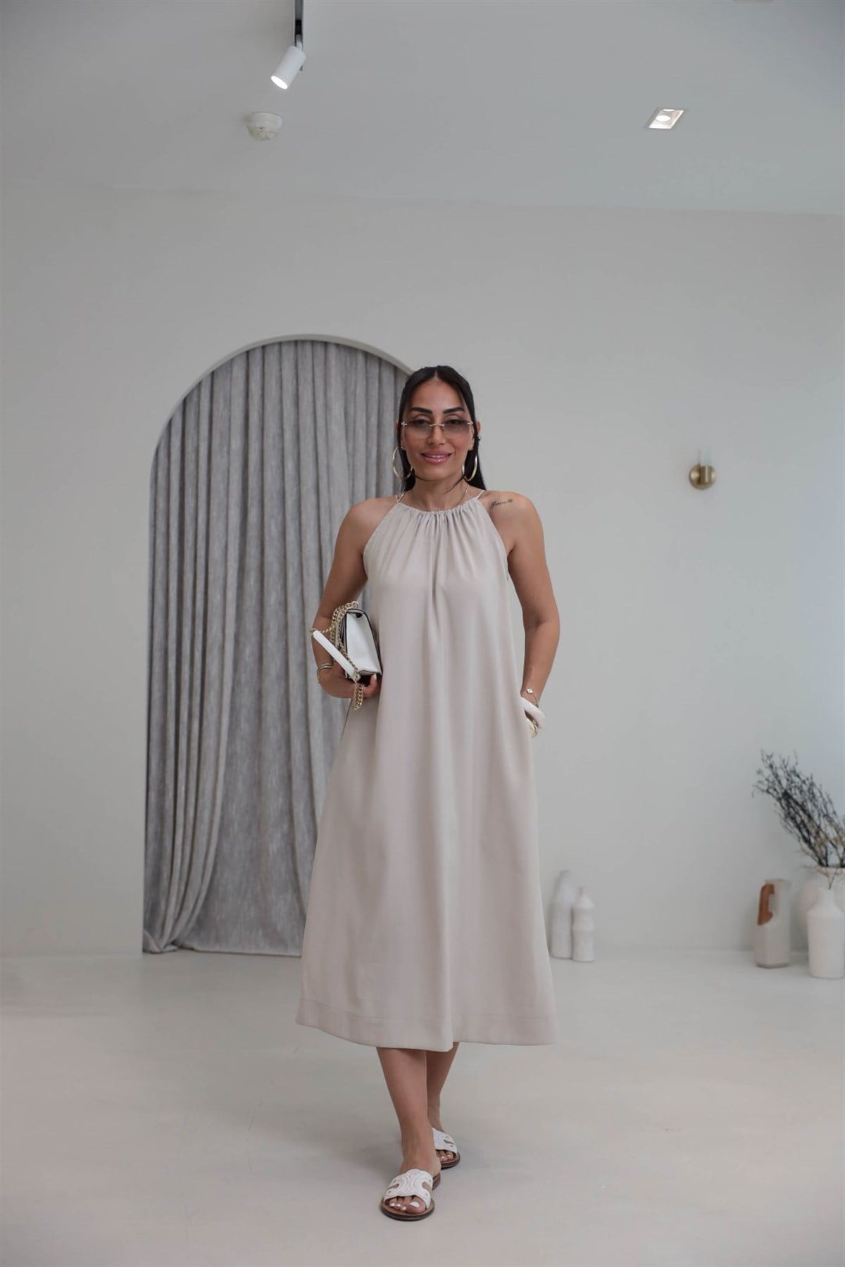 1106C İpli Halter Yaka Cepli Tencel Elbise TAŞ