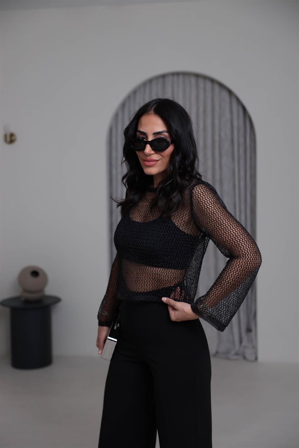 4404 Parlak Simli Ajurlu Kısa Triko SİYAH