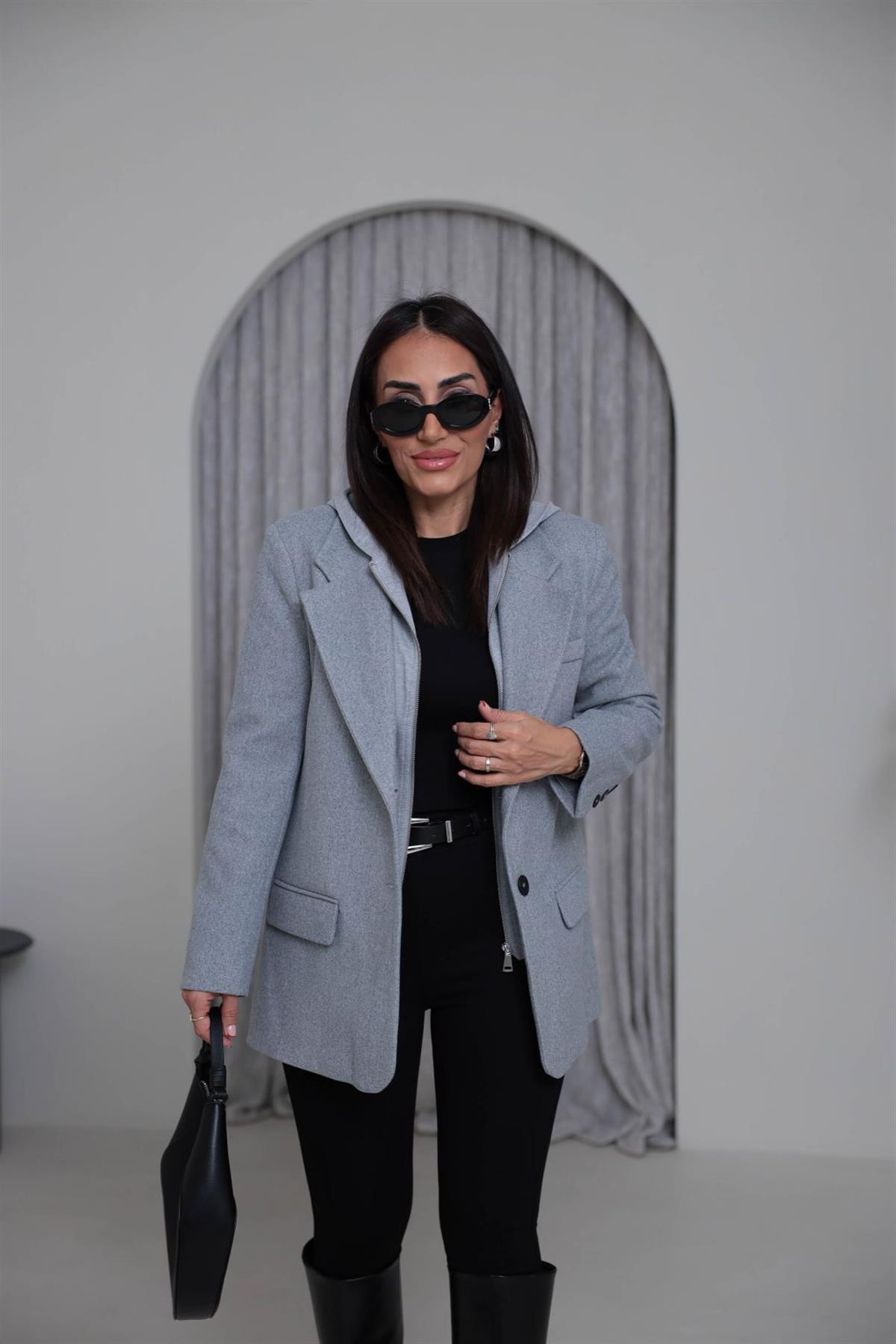 8733K Penye Kapşonlu Kaşe Ceket GRİ