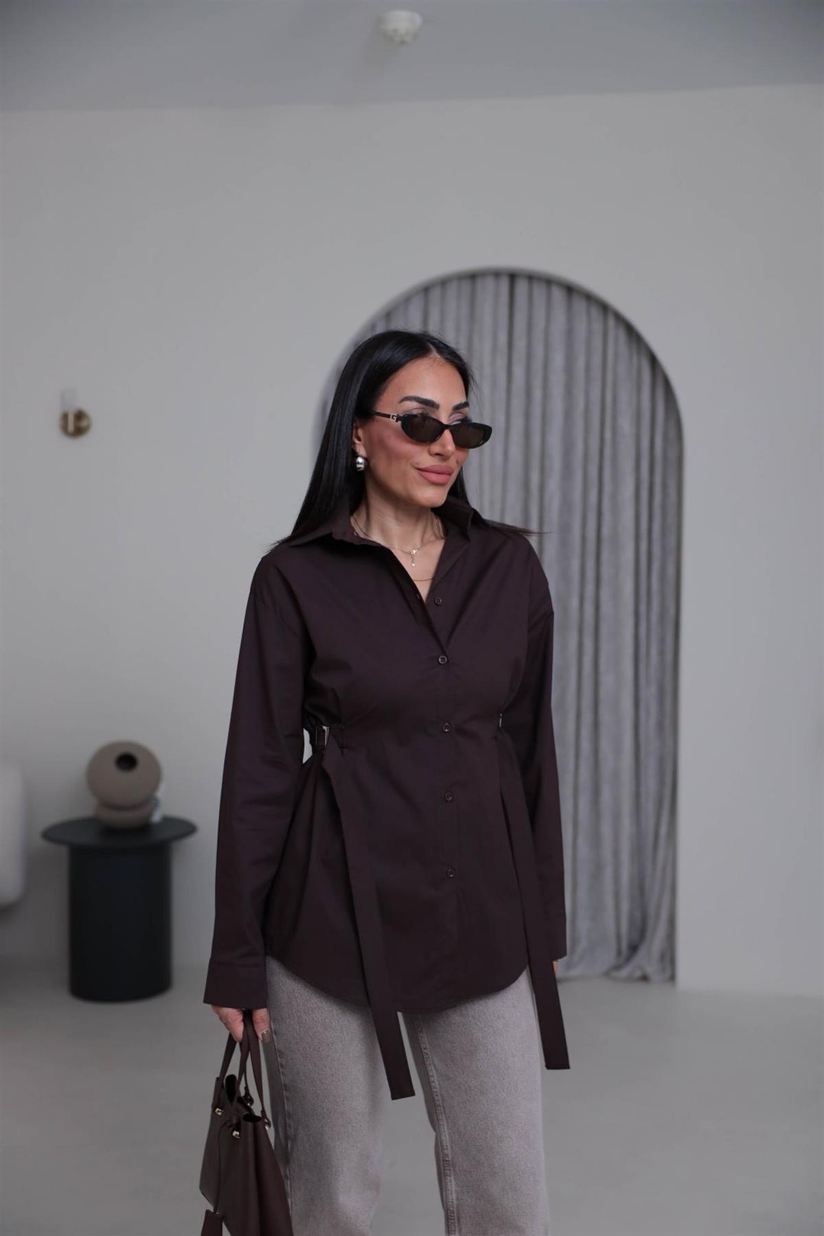 7176 Beli Kemer Detaylı Gömlek ACI KAHVE