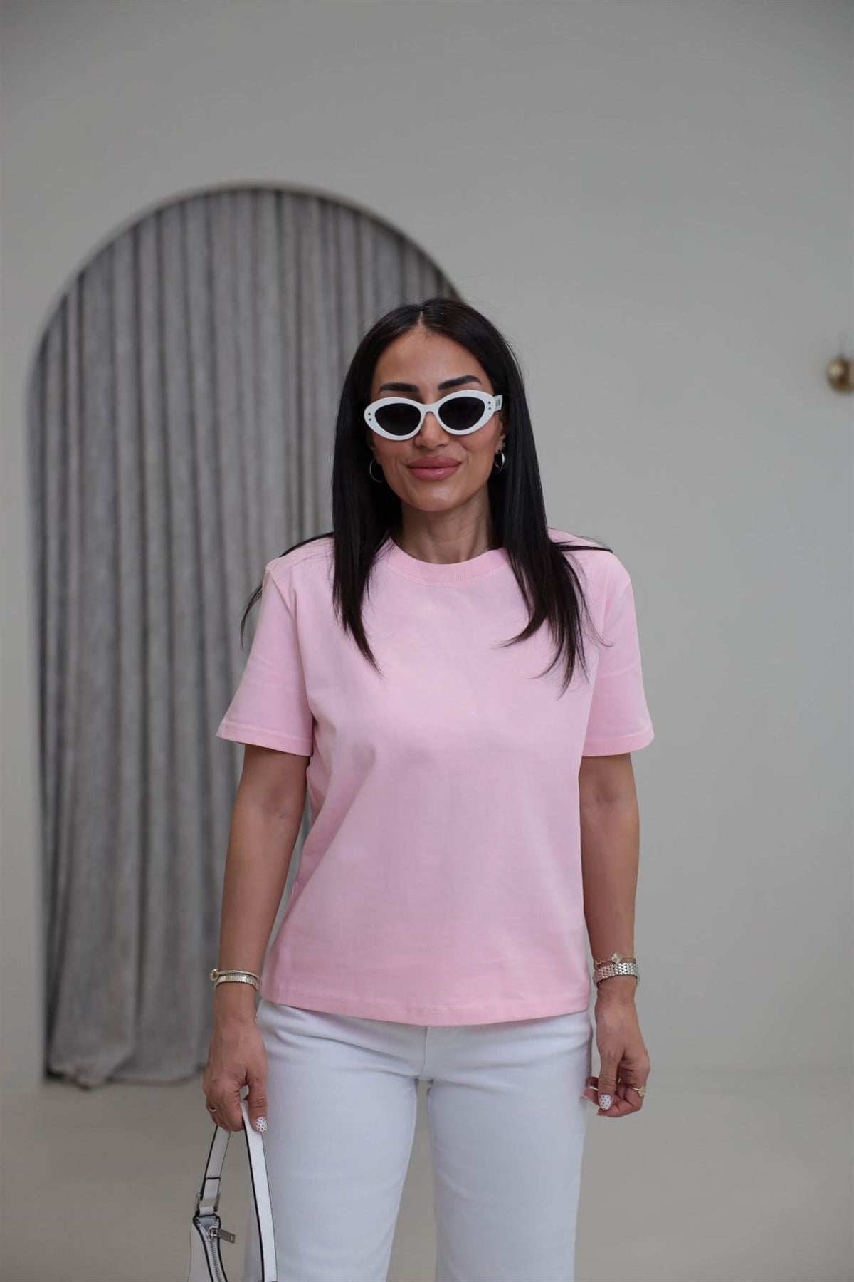 0312 Dekoratif Dikişli Pamuklu Tshirt PEMBE