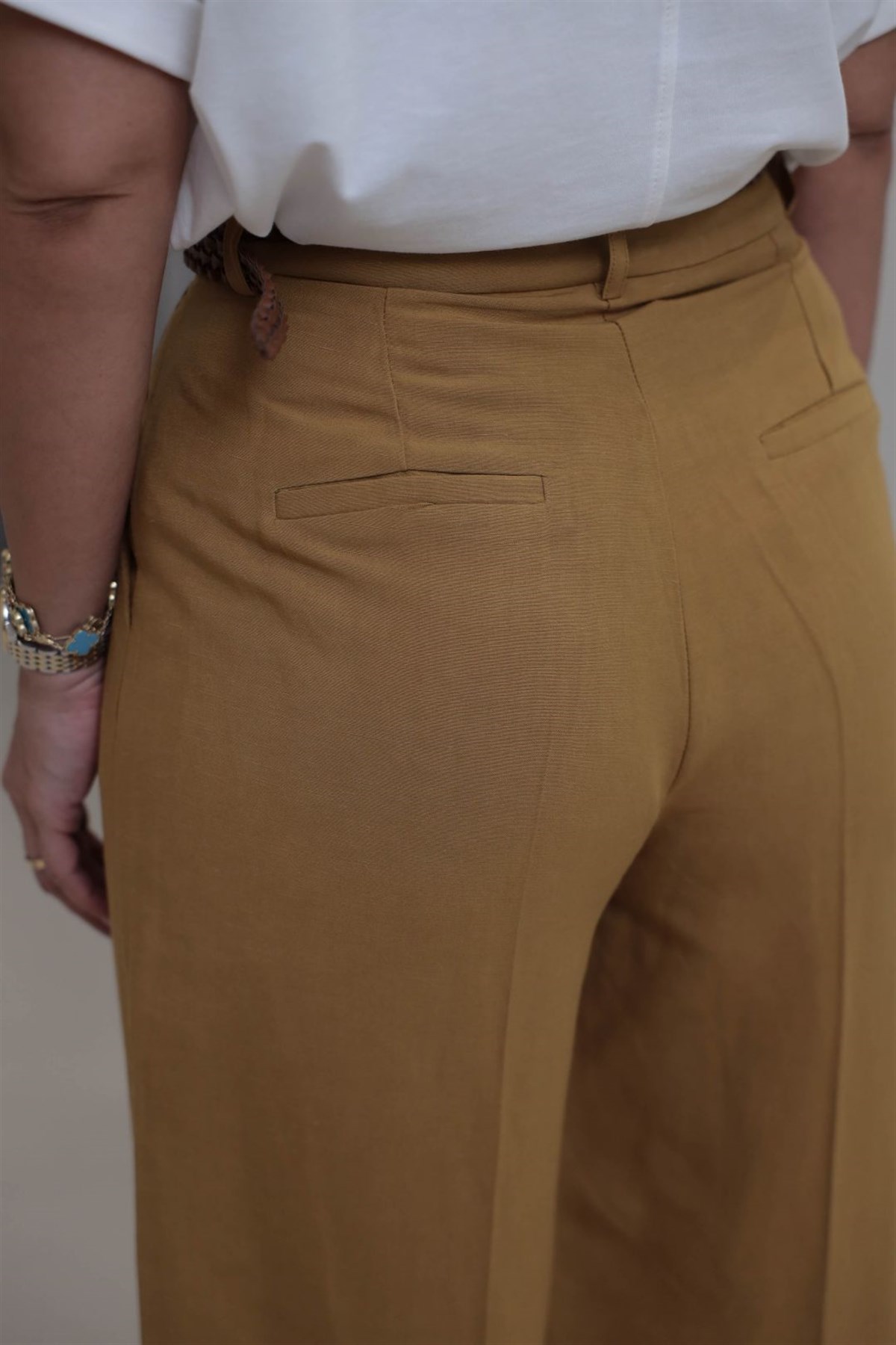 1150 Örme Kemerli Viskon Keten Pantolon YAĞ YEŞİLİ