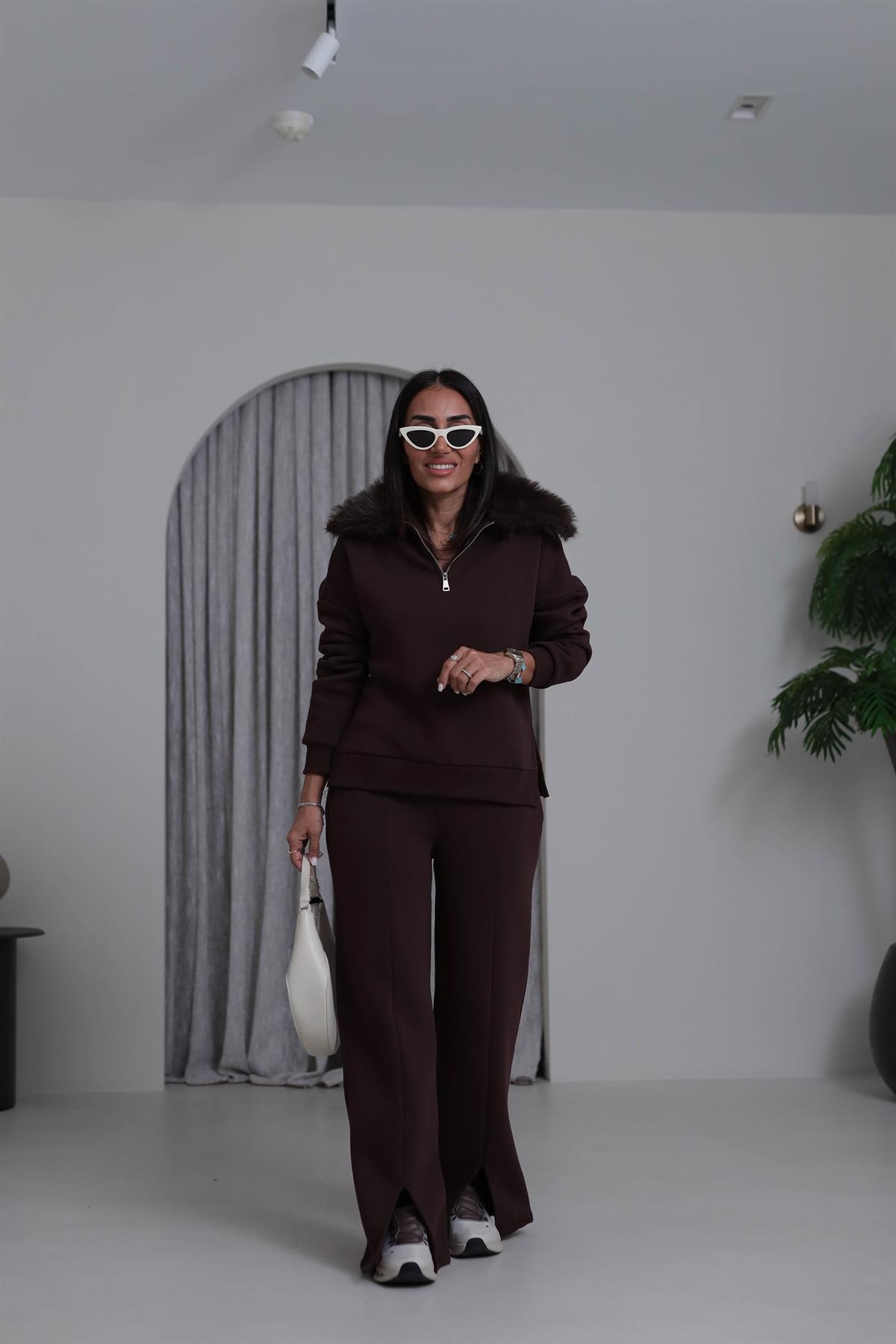 4066 Kürk Yakalı Şardonlu Takım KAHVE