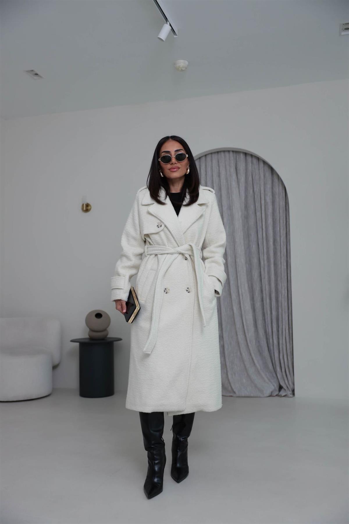 0611 Kuşaklı Apoletli Kaşe Kaban EKRU