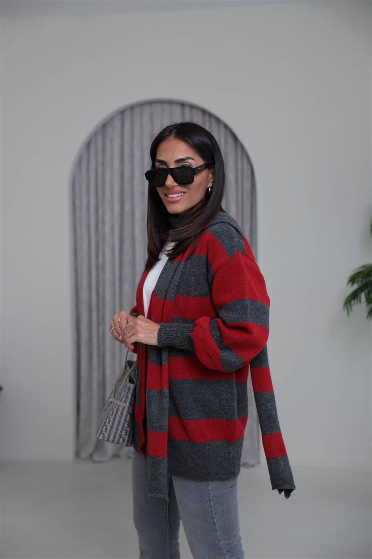 2569 V Yaka Düğmeli Şallı Triko Hırka ANTRASİT