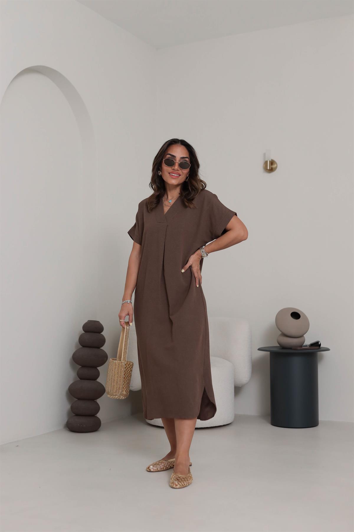 5998 V Yaka Rahat Terni Elbise KAHVE