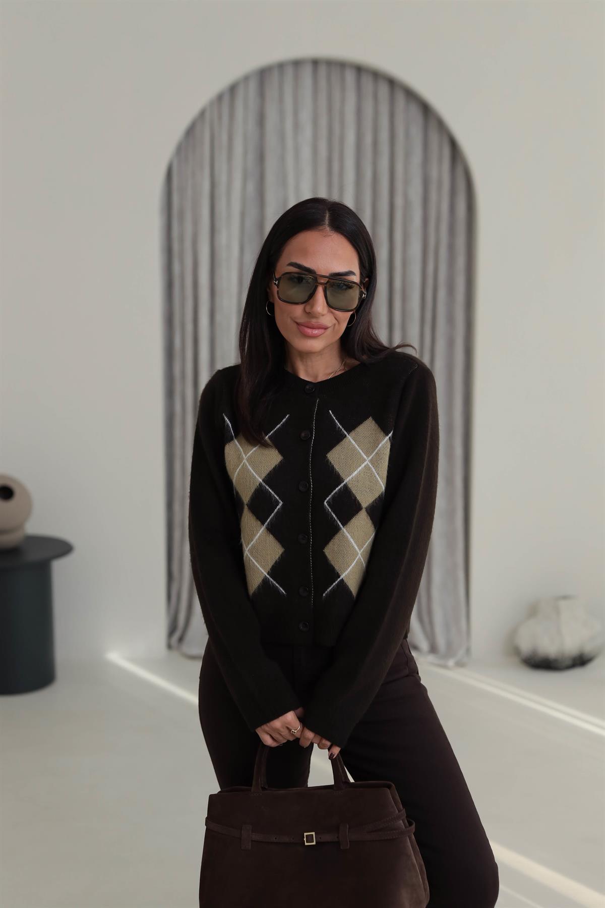 5263 Bisiklet Yaka Baklava Desen Massi Hırka KAHVE