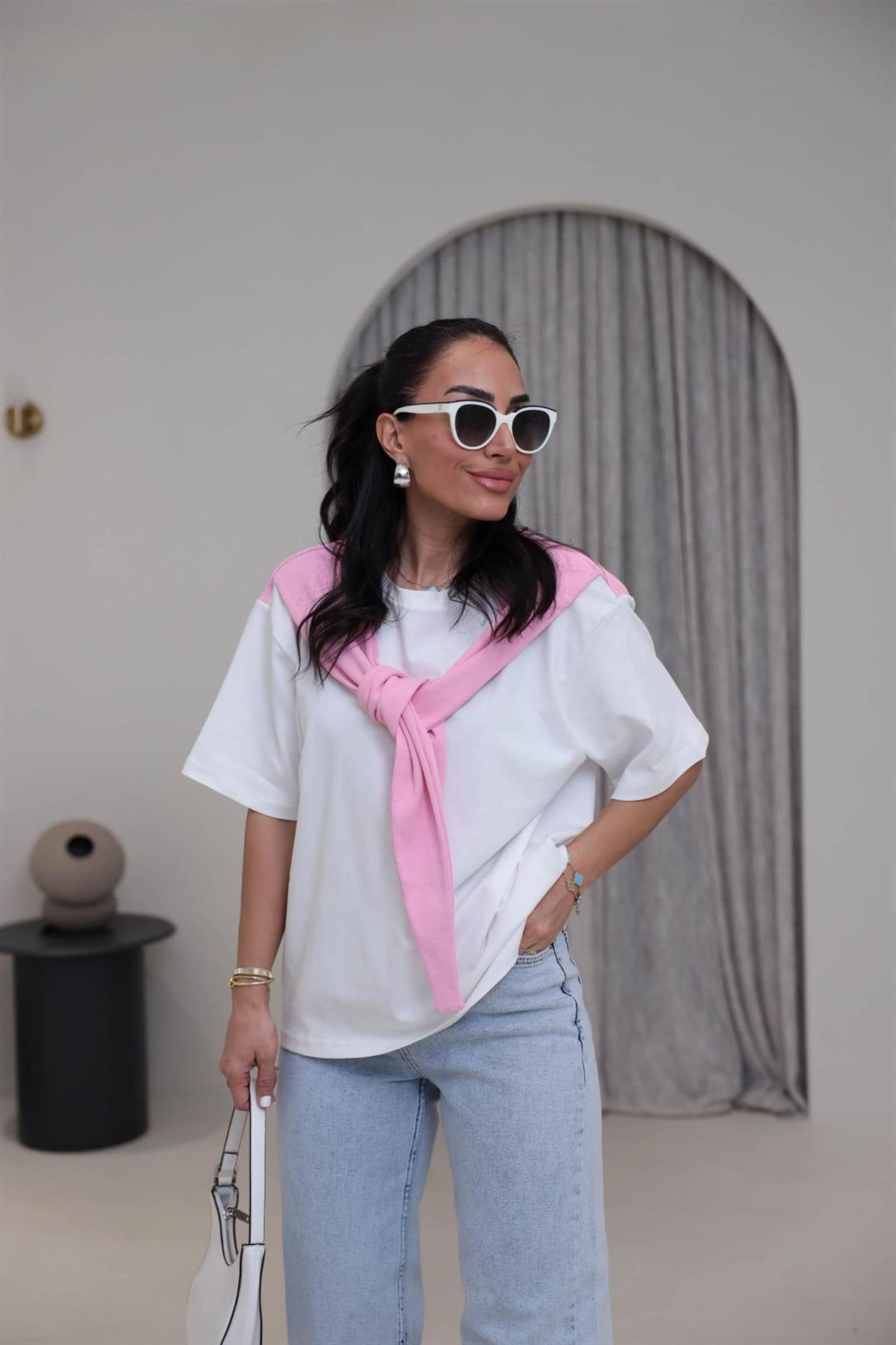 0688 Şal Detaylı Pamuklu Tshirt PEMBE