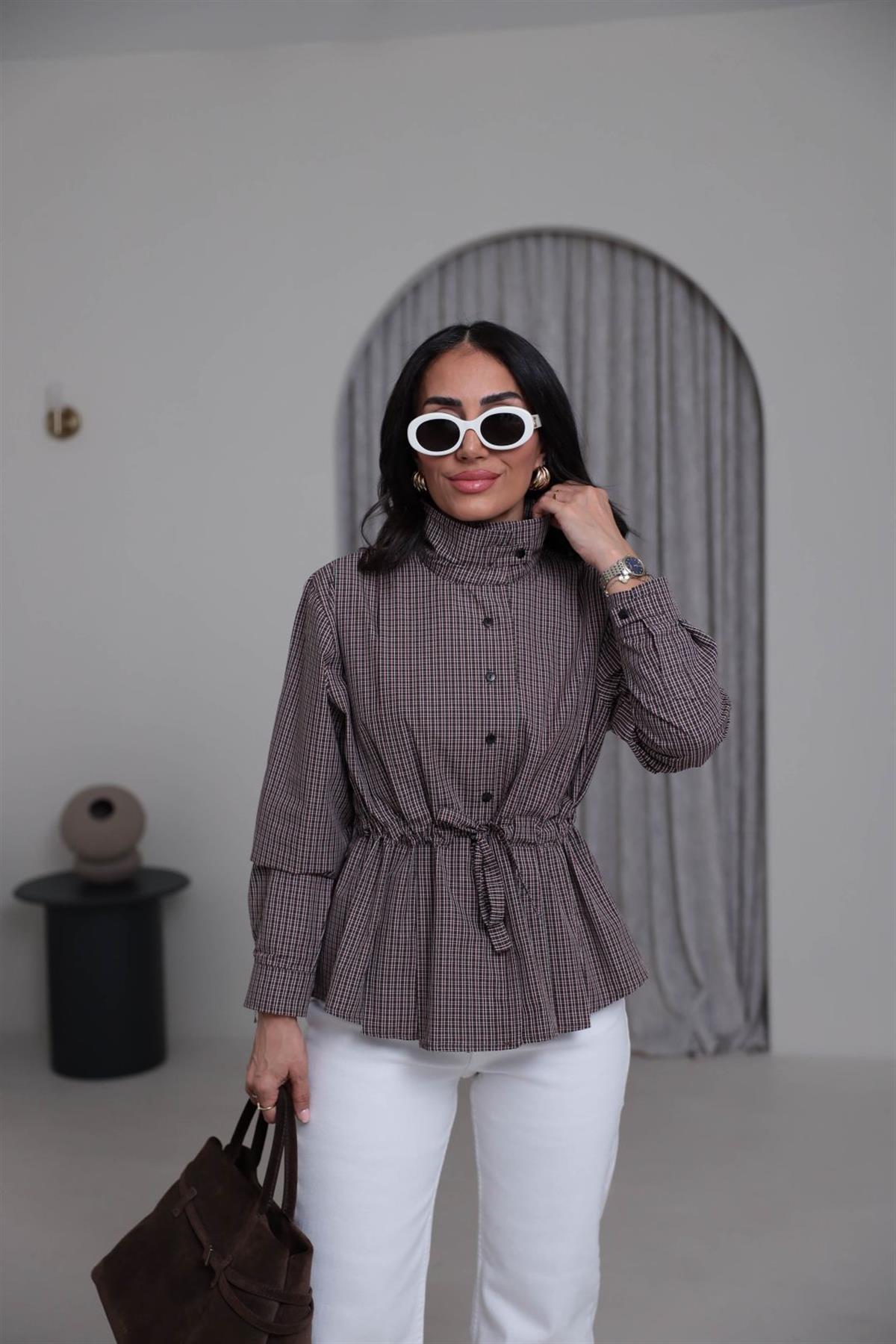 4099 Dik Yaka Belden Bağlamalı Ekose Gömlek KAHVE