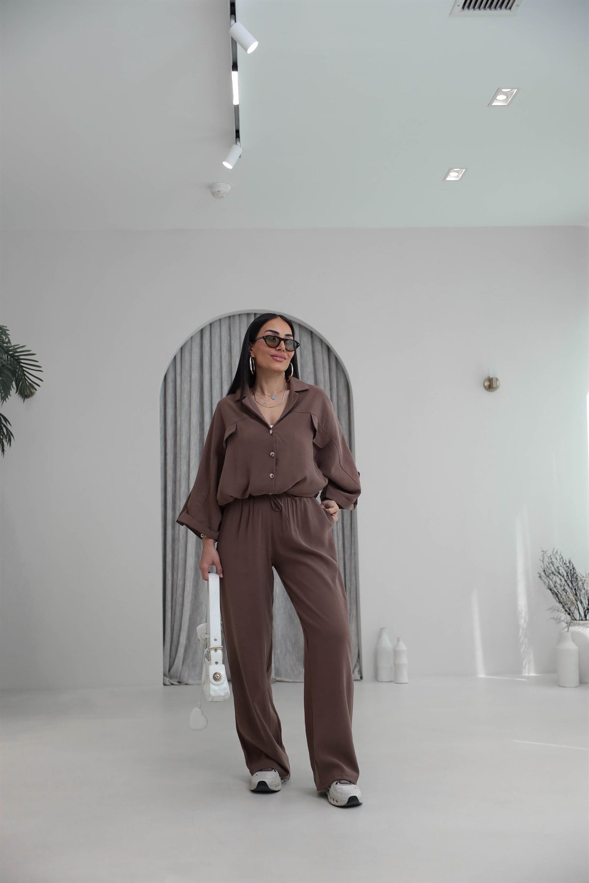 7121 Gold Düğmeli Tencel Kumaş Takım KAHVE