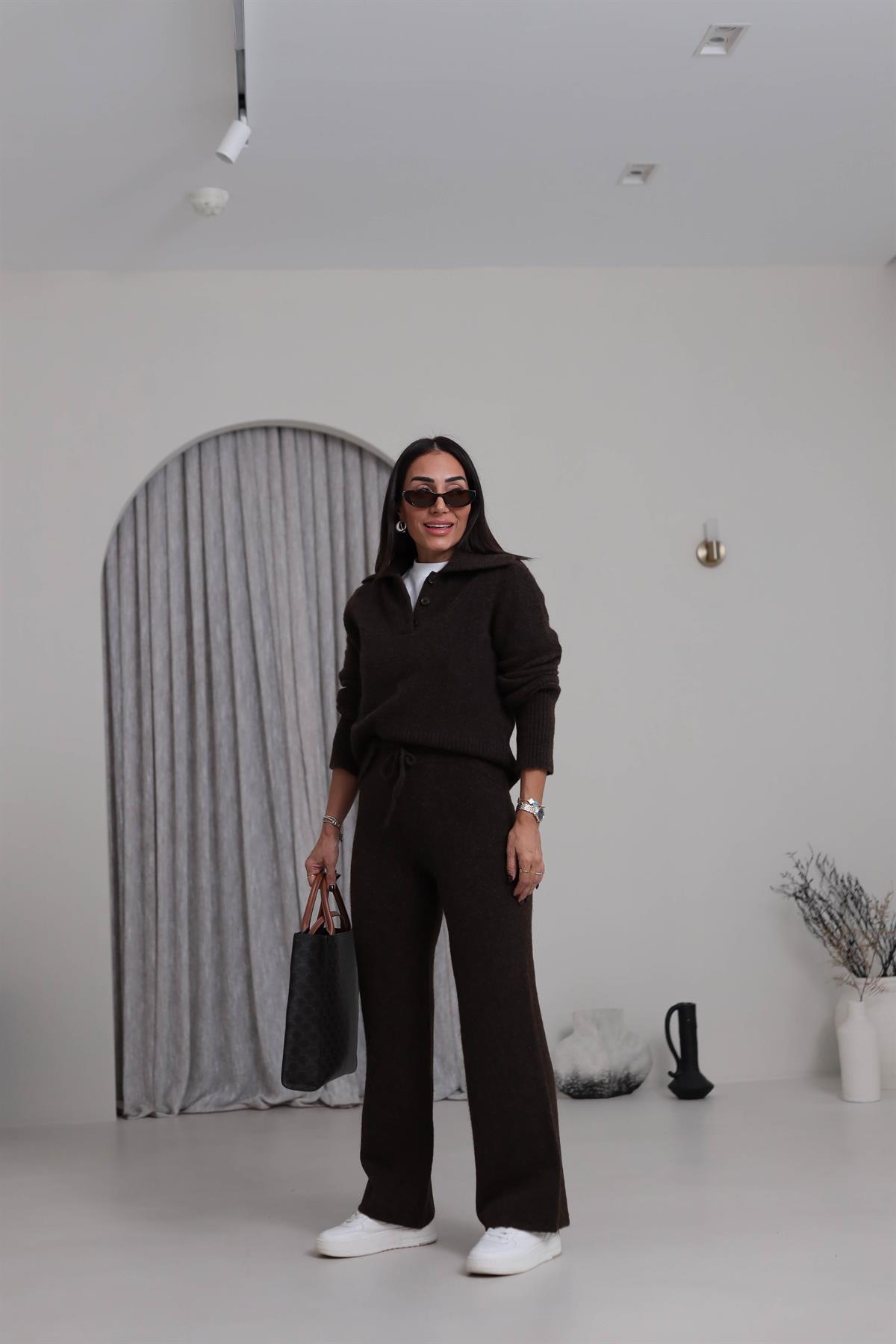 5051 Bağcıklı Triko Pantolon ACI KAHVE