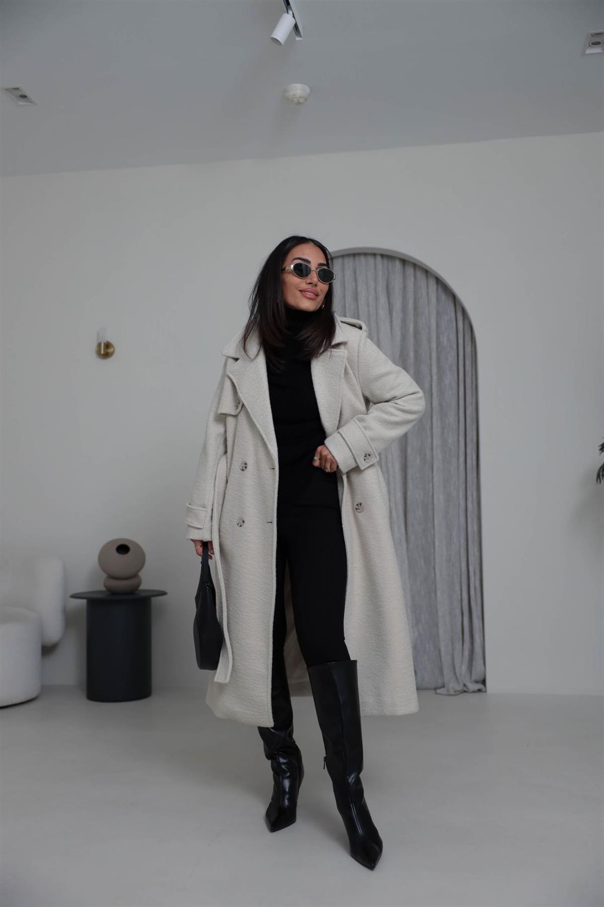 0611 Kuşaklı Apoletli Kaşe Kaban NATURAL