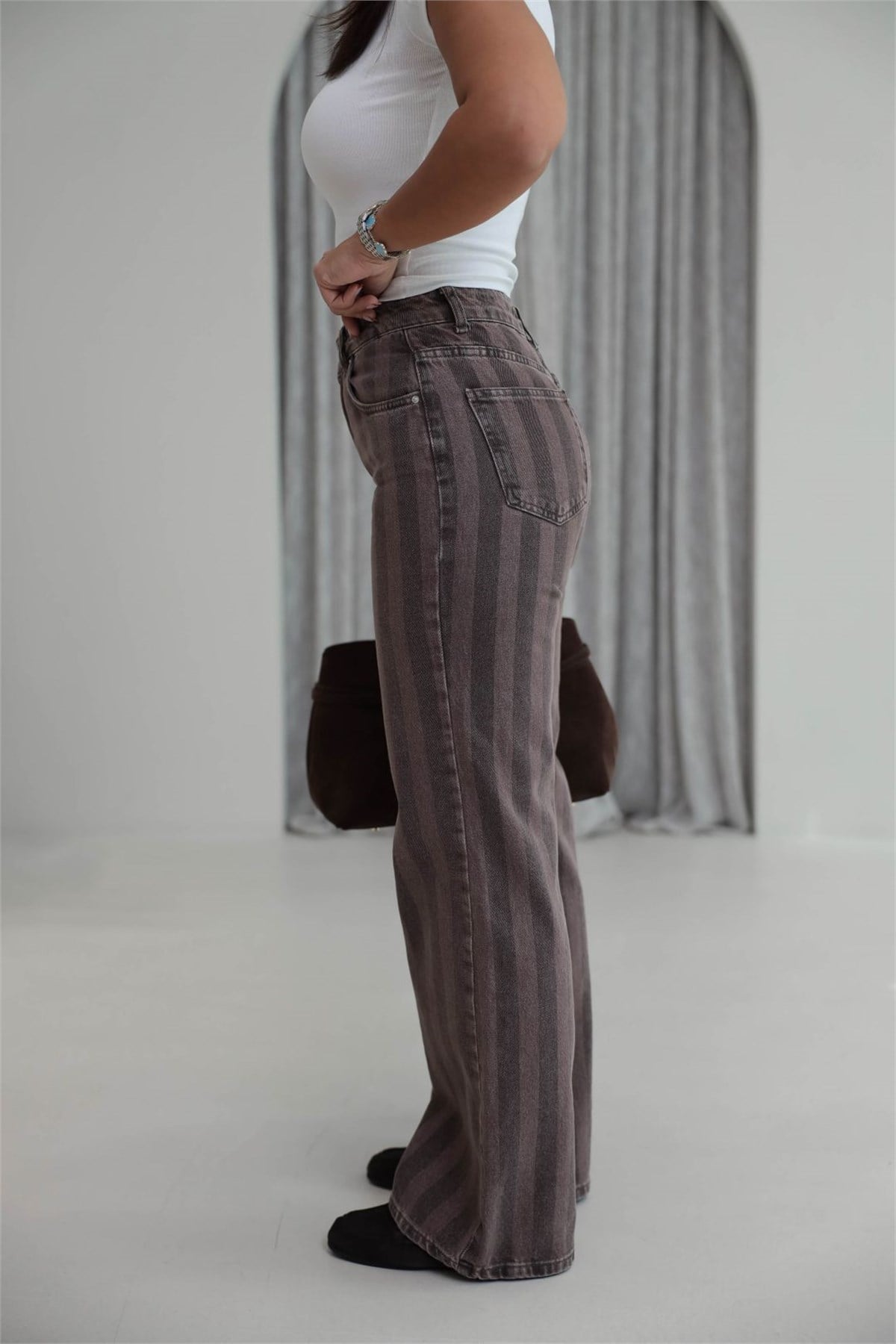 2371 Çizgili Wide Leg Jean KAHVE