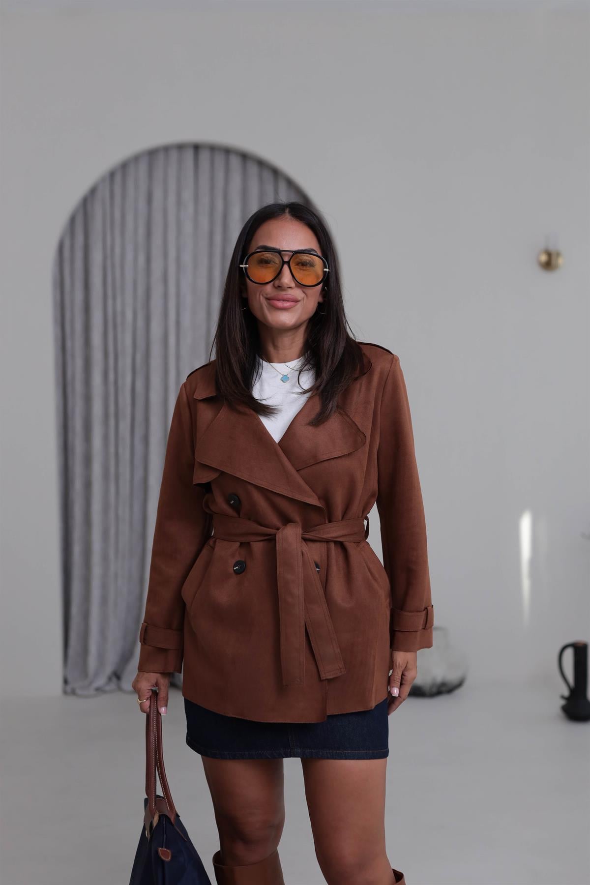 6266 Süet Bel Kuşaklı Midi Trençkot TARÇIN