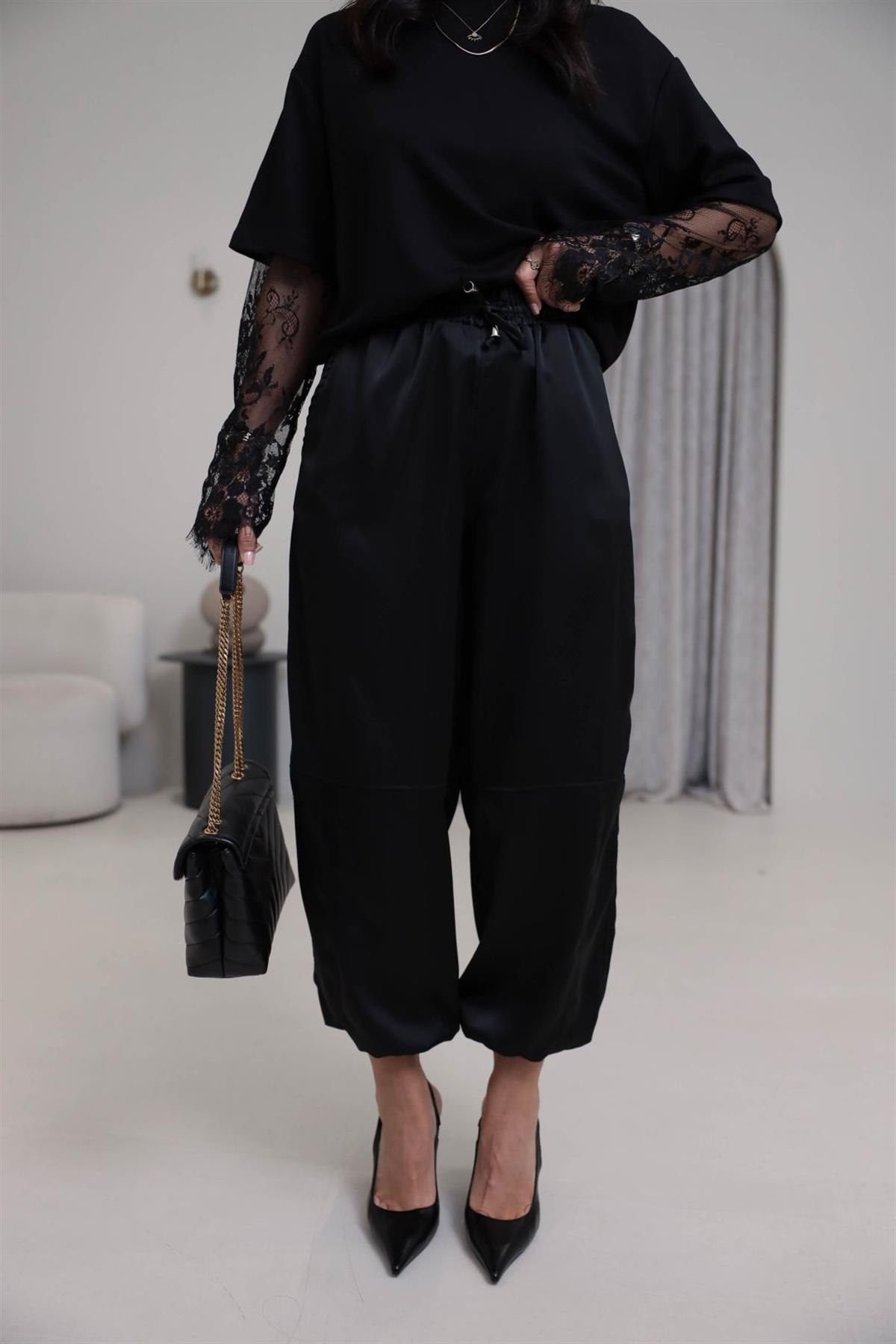 1121 Paça Büzgülü Bel Lastikli Saten Pantolon SİYAH