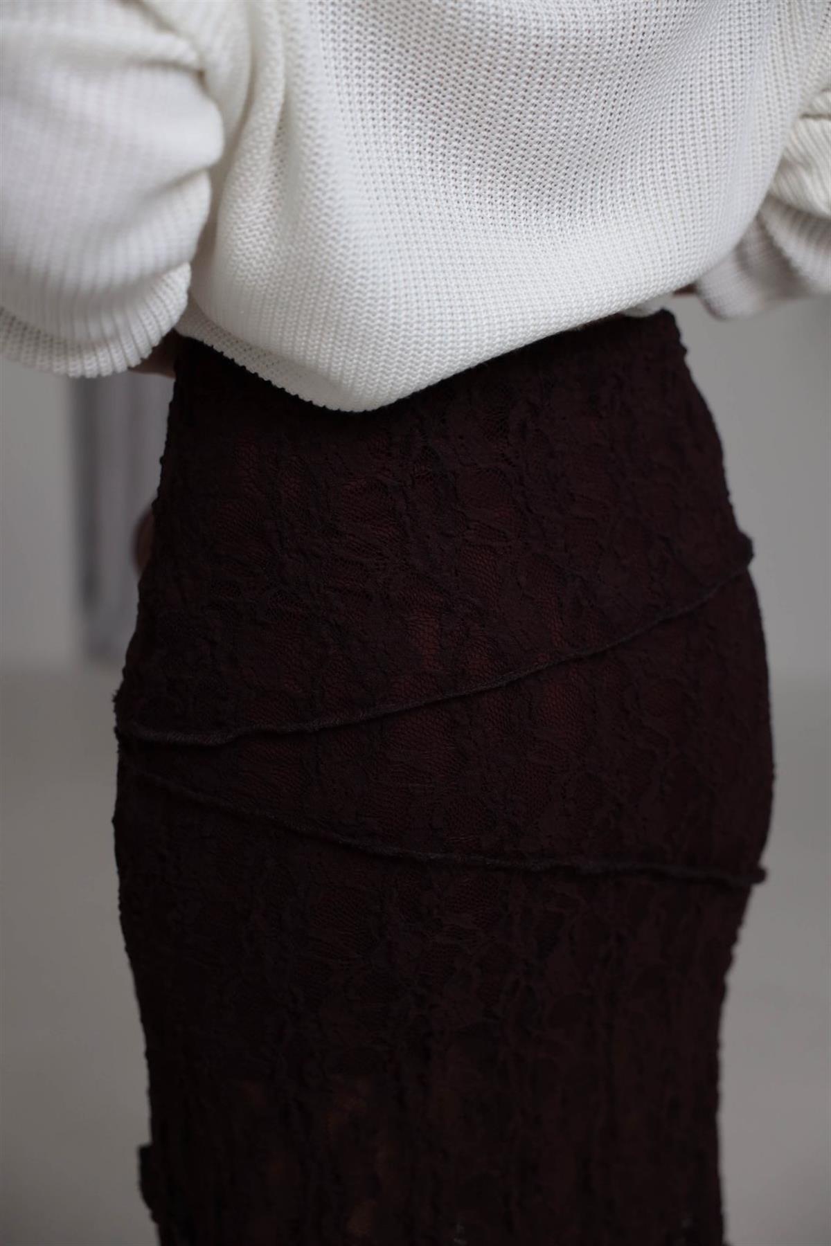 8818 Astarlı Dikiş Detaylı Dantel Etek MÜRDÜM